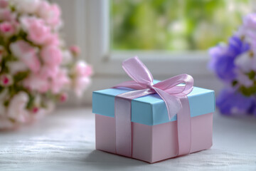 A pastel pink and blue gift box tied with a pink satin ribbon sits elegantly on a table with soft-focus floral arrangements in the background near a window with natural l