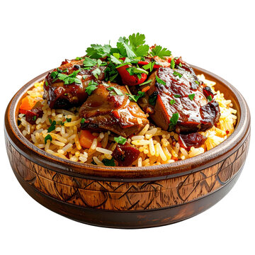 A close-up view of arroz de pato highlighting the tender duck meat and seasoned rice perfectly isolated on white background