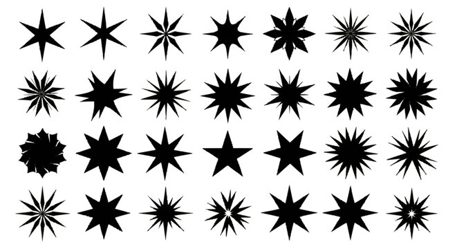 A collection of diverse black star shapes with varying numbers of points and designs, arranged in a grid on a white background.