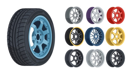 Vector Illustration of Car Tire and Wheel Plus Diverse Alloy Rim Options Set