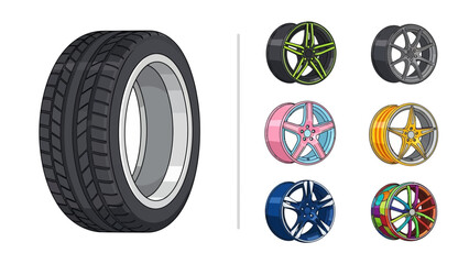 Diverse Automotive Wheel Rims and Tire Illustration Set for Vehicle Customization