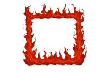 Burning fire square frame creating a hot border, inferno flame design with transparent background