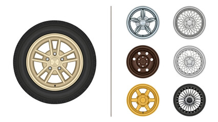Collection of diverse automotive wheels and a tire, various designs as vector illustrations