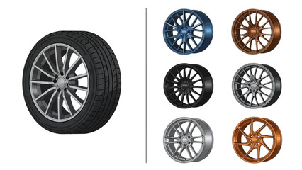 Showcasing automotive wheels and a tire, with a collection of diverse rim designs and colors