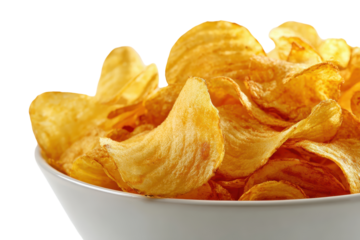 Crispy potato chips in a bowl isolated on transparent background. Crispy potato chips filling a white bowl isolated on white background.