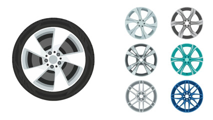Diverse Automotive Wheel and Rim Designs Collection, Vector Illustrations for Vehicle Parts