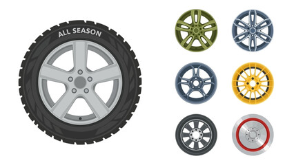 Automotive component display: various vehicle wheel rims and an all-season tire set