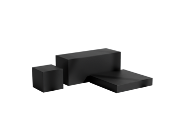 Matte black geometric display podiums (cube, square, rectangle) artfully arranged on a transparent studio surface with crisp dramatic shadows from directional light, minimalist product display