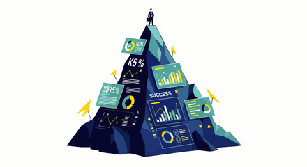A determined businessman stands triumphantly atop a data-rich mountain, illustrating the strategic climb towards achieving significant business success.