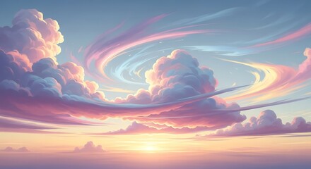 A vibrant sunrise sky filled with puffy, colorful clouds swirling in the distance, bathed in soft pastel hues and warmth