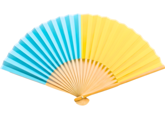 Vibrant blue and yellow handheld folding fan isolated on transparent background