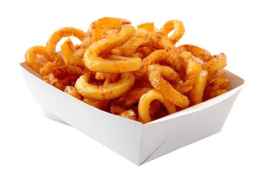 Crispy curly fries in a white paper container isolated on transparent background. Crispy seasoned curly fries served in a white paper isolated on white background.