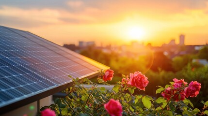 Solar panel with roses at sunset