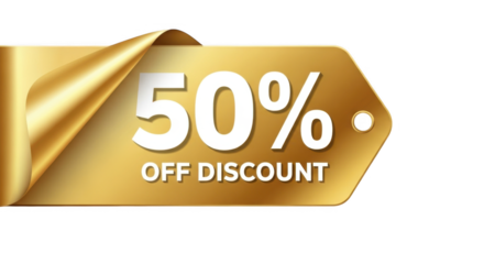 Golden 50% off discount tag with curled edge, isolated on transparent background