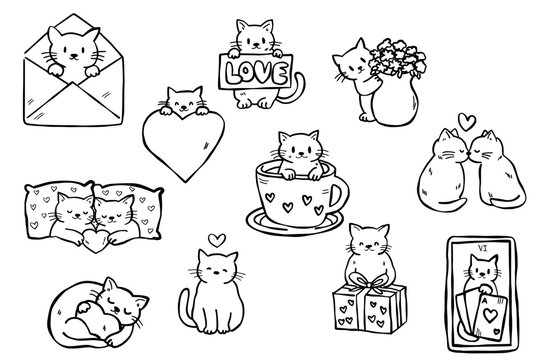 Hand drawn Meowy Love collection with cute funny Lovely cats for Valentine's Day

