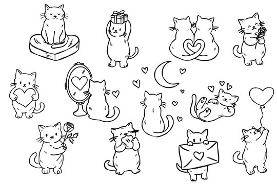 Vector illustration card with cute cartoon little Valentine cats in love and funny greeting
