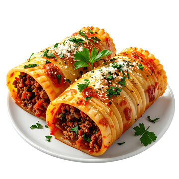 Canelones argentine stuffed pasta rolls filled with meat and cheese baked with sauce in a ceramic dish isolated on white background