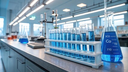 Test Tubes With Blue Cobalt Solution in a Laboratory Setting