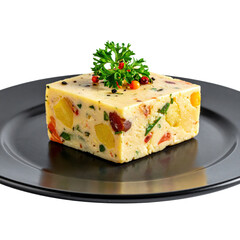 Causa Lime&ntilde;a a peruvian layered potato terrine with chicken avocado and Aj&iacute; amarillo isolated on white background
