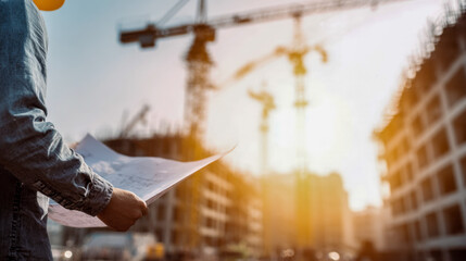 Construction site worker reviewing architectural blueprints during golden hour with cranes and partially built structures in the background