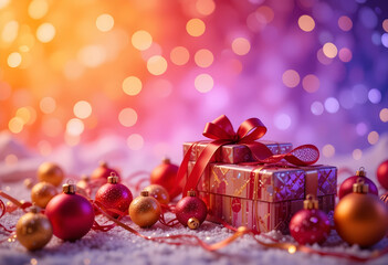 Obraz premium Orange violet gradient with gift boxes shiny ribbons red yellow ornaments thin threads and glowing bokeh lights