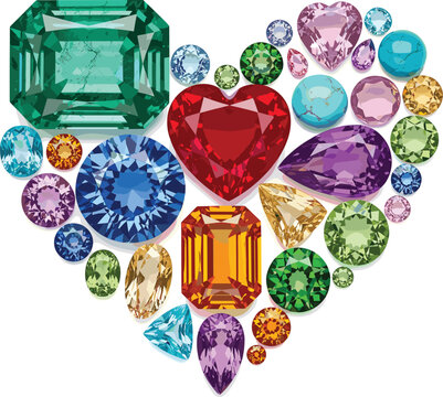 Luxury Gemstone Collection Arranged in a Heart Shape Featuring Emeralds Rubies Sapphires and Diamonds for Jewelry Design and Romantic Gift Concepts.