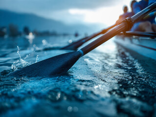 Close-up of rowing paddle slicing through calm water during early morning practice on a serene lake with distant mountains and soft sunlight background