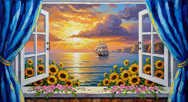 Open Window Ocean Sunset Oil Painting with Flowers 3D relief wallpaper for mural wall art, canvas print, wall decor painting design