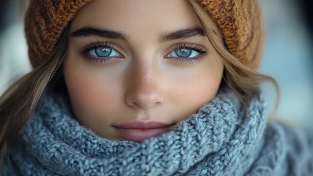 Glimpse of Winter Radiance: A portrait of a woman, framed by a cozy scarf and hat, with captivating blue eyes, embodies the essence of winter beauty.