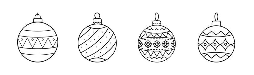 Obraz premium A collection of four christmas bauble ornaments illustrated in black and white line art style