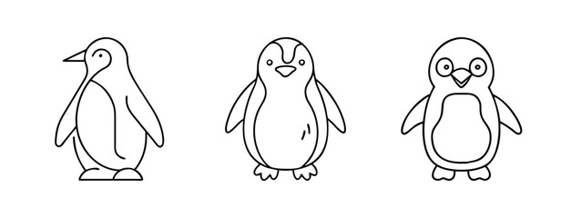 A collection of three adorable cartoon penguin line drawings, perfect for coloring or simple icons © VECTOR STORE