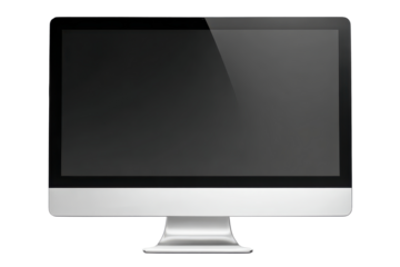 Modern computer monitor isolated on transparent background. Modern desktop computer monitor with sleek silver stand isolated on white background.