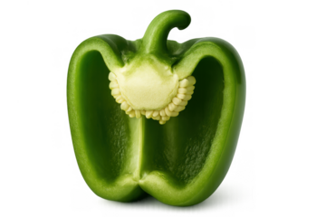 Green bell pepper cut in half, revealing its white core and numerous small seeds, a fresh organic vegetable ingredient