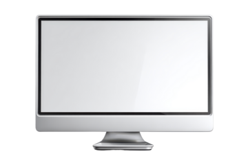 Modern computer monitor isolated on transparent background. Modern desktop computer monitor display with blank white screen on a stand isolated on white background.