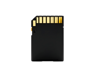 Black sd card with gold connectors on top isolated on transparent background