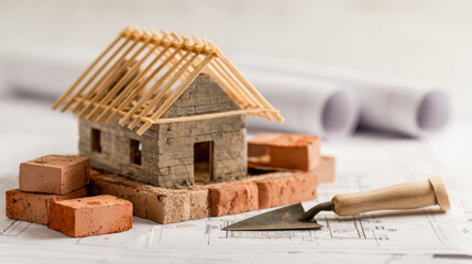 Close-up of miniature stone house under construction with bricks and trowel on architectural blueprints for building planning and design concept