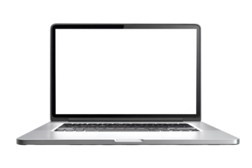 Modern silver laptop with blank white screen isolated on transparent background. Modern open laptop with blank screen isolated on white background.