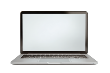 Modern silver laptop with blank white screen isolated on transparent background. Modern laptop displaying blank screen for mockup isolated on white background.