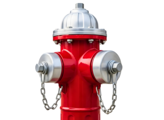 Red fire hydrant with silver cap and chains isolated on transparent background
