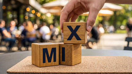 Hand arranging MIX with wooden blocks embodying strategic business choices creative solutions and diverse ideas for cafe
