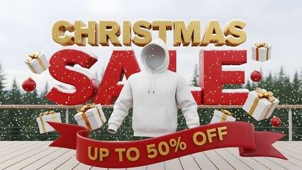 Man in white hoodie standing behind christmas sale sign with gifts on wooden deck in snowy forest