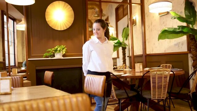 Video of a girl with Down syndrome between 20 and 30 years old working as a waitress in a cafeteria.The girl walks among the tables to check that everything is alright. Concept of trisomy 21.