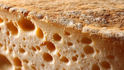 Close view of cheese showing texture and holes with natural color variations on the surface during a cheese tasting session