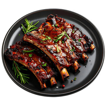 A rack of costillar asado ribs showcasing the cross-cut bones beautifully isolated on a white background