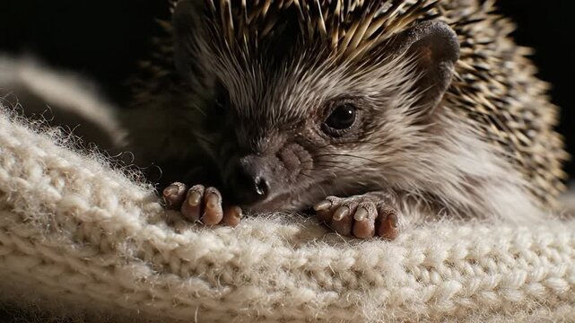 Adorable tiny hedgehog with sharp claws grips soft knitted fabric, showcasing delicate features
