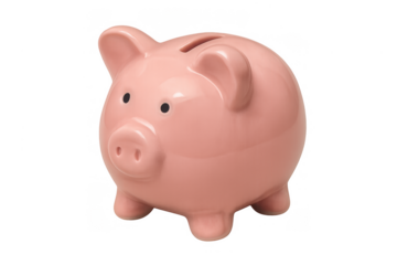 Pink ceramic piggy bank representing savings, investment, finance, and economic growth, placed on a transparent background