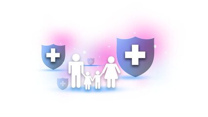 Health cover concept family icon in frame covering plus sign. Health insurance and medical welfare concept. Future healthcare planning. Isolated on transparent background,