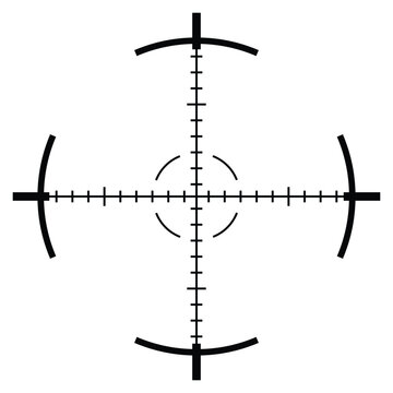 Segmented scope crosshair with measurement scale, technical aiming and calibration symbol for HUD overlays, scanning systems and performance monitoring