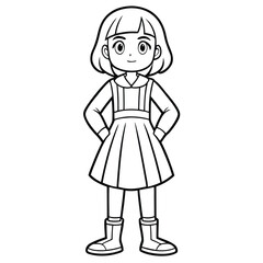 Fototapeta premium Cartoon girl in dress and boots outline child drawing