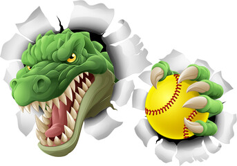 An alligator, crocodile or dinosaur softball or baseball animal sports mascot holding a ball in his claw © Christos Georghiou